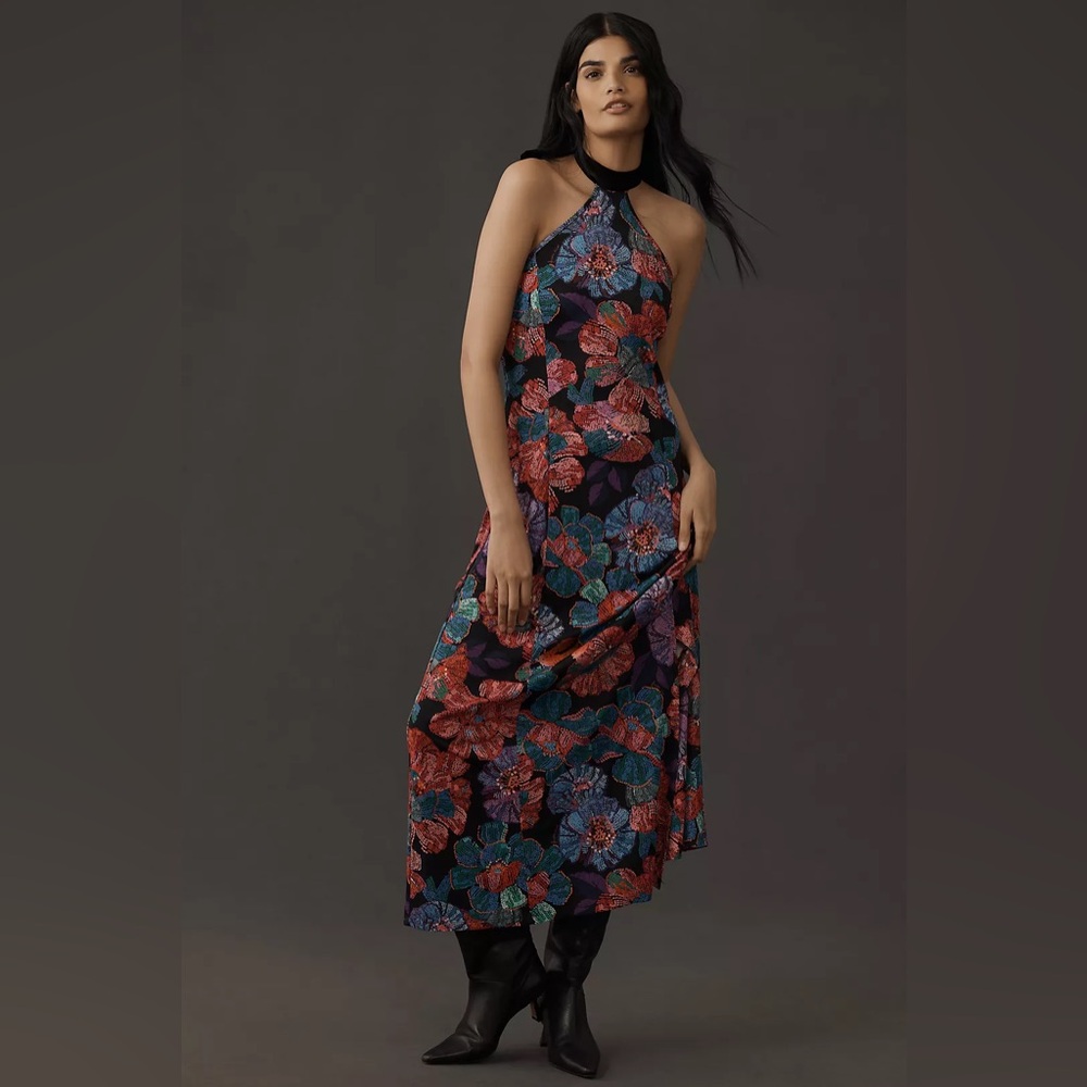 Farm Rio Sleeveless Halter Bow Floral Midi Dress Size Large Leg Slit